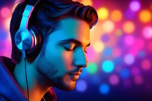 man in headphones listens to music in a nightclub photo