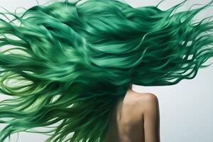 girl with long green hair on white background photo