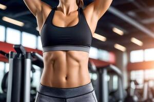 hembra plano atlético barriga con abdominales en negro ropa de deporte en gimnasio antecedentes foto