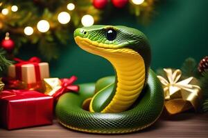 green snake character on new year background with bokeh photo