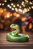 green snake character on new year background with bokeh photo