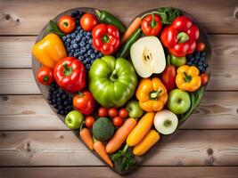 heart of vegetables and fruits on wooden table flatlay top view photo