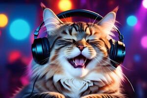 cat in headphones listens to music in a nightclub and sings a song in a nightclub photo