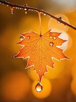 macro close up of a drop of water on a maple leaf in sunset light photo