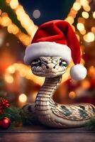 snake character in santa hat on new year background with bokeh photo