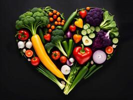 heart of fruits, vegetables and berries flatlay top view on black background photo