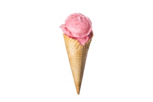 Strawberry pink ice cream waffle cone on white or transparent background isolated png