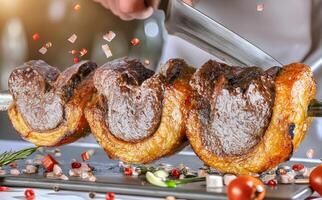 Steak rotisserie at the steakhouse, sliced picanha, Picanha photo