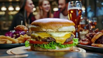 jugoso hamburguesas bar. un reunión sitio para amigos a charla foto