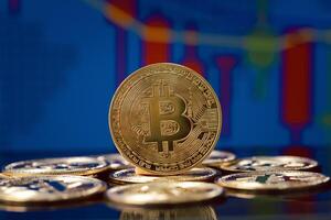 Bitcoin, a decentralized cryptocurrency, surged on the exchange chart, reflecting its rise as a digital form of money and a significant player in finance. photo