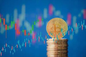 Bitcoin, a decentralized cryptocurrency, surged on the exchange chart, reflecting its rise as a digital form of money and a significant player in finance. photo