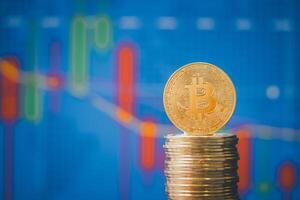 Bitcoin, a decentralized cryptocurrency, surged on the exchange chart, reflecting its rise as a digital form of money and a significant player in finance. photo