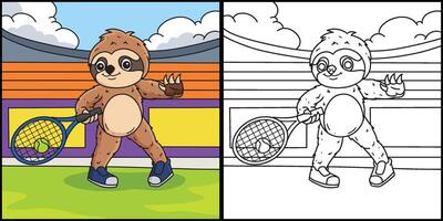 Sloth Playing Tennis Coloring Page Colored Illustration vector