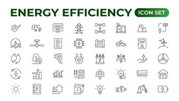 energía eficiencia icono colocar. calculadora, el ahorro de energía ligero bulbo, cerdito banco, solar panel, circular economía, batería, hogar aislamiento, energía clase ilustración vector