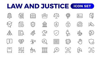 ley y juicio línea íconos ilustración. justicia, Corte de ley y gobierno contorno icono colocar. vector