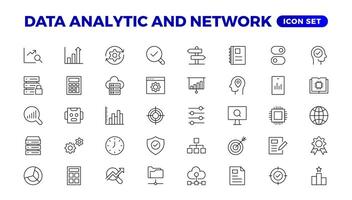 grande datos análisis Delgado línea icono colocar. datos Procesando contorno pictogramas para sitio web y móvil aplicación interfaz gráfica de usuario digital analítica sencillo ui, ux íconos vector