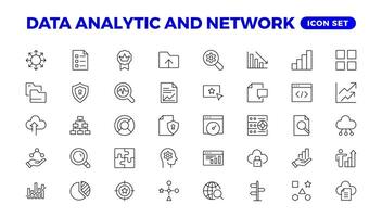 grande datos análisis Delgado línea icono colocar. datos Procesando contorno pictogramas para sitio web y móvil aplicación interfaz gráfica de usuario digital analítica sencillo ui, ux íconos vector