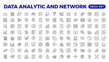 grande datos análisis Delgado línea icono colocar. datos Procesando contorno pictogramas para sitio web y móvil aplicación interfaz gráfica de usuario digital analítica sencillo ui, ux íconos vector