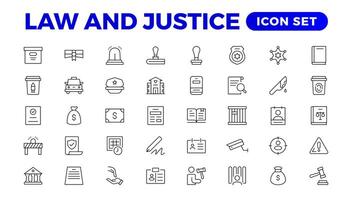 ley y juicio línea íconos ilustración. justicia, Corte de ley y gobierno contorno icono colocar. vector