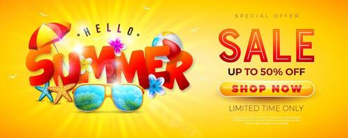 Summer Sale Design with Flower, Beach Holiday Elements and Paper Text Label on Yellow Background. Tropical Floral Illustration with Special Offer Typography for Coupon, Voucher, Banner, Flyer vector