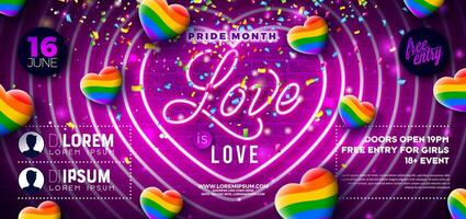 orgullo mes fiesta volantes diseño. lgbtq ilustración con brillante neón ligero y arco iris corazón en púrpura ladrillo pared antecedentes. amor es amor lgbt evento bandera diseño para celebracion póster vector