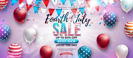 Fourth of July Independence Day Sale Banner Design with American Flag Pattern Party Balloon and Falling Confetti on Light Background. USA National Holiday Illustration with Special Offer for vector