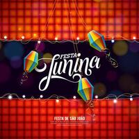 Festa Junina Illustration with Light Bulb Garland, Colorful Paper Lantern and Typography Letter on Red Checkered Background. Festa de Sao Joao Brazilian June Traditional Holiday Festival Design vector