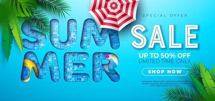 Summer Sale Poster Design Template with Exotic Palm Leaves and Beach Holiday Elements on Pool Background. Tropical Floral Illustration with Special Offer Typography for Coupon, Voucher, Banner vector