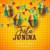 festa junina ilustración con vistoso papel linterna y tipografía letra en amarillo a cuadros antecedentes. festa Delaware sao joao Brasil junio tradicional fiesta festival diseño para celebracion vector