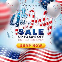 Fourth of July Independence Day Sale Banner Design with American Flag Pattern 3d Lettering and Party Balloon on Light Background. USA National Holiday Illustration with Special Offer Typography vector