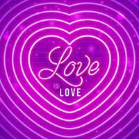 Pride Month LGBTQ Banner Design with Glowing Neon Light Heart Symbol and Love is Love Lettering on Purple Brick Wall Background. LGBT Event Banner Design for Celebration Poster, Invitation vector