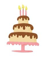 Birthday 3 tiered cake with burning candles in flat style with dotted texture and in candy pastel colors. holiday illustration. Flat drawings isolated on white background vector