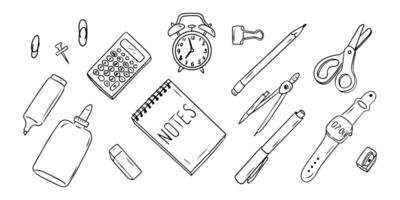 Stationary contour doodle set best for studying and working at office. Collection of sketchy outline drawings isolate on white background. Monochrome school or university outline stickers vector