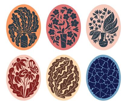 Set of Floral abstract composition in oval shapes. Flat duotone hand drawn illustrations with bouquet in vase in printmaking technique with grunge texture and scratches. Good for posters vector