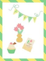 Greeting card with birthday cupcake with tulip bunch in vase and envelope with card. Childish holiday illustration. typographic illustration in textured flat style and candy colors vector