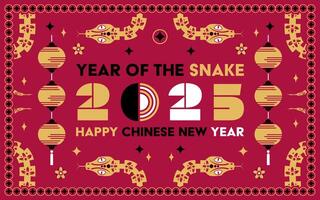 Happy Chinese new year 2025 Snake Zodiac sign, modern flat art design set in red, gold and white colors vector