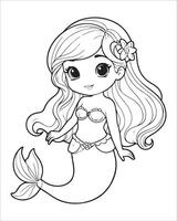 Cute mermaid Coloring pages for kids, ocean animals coloring pages, mermaid illustration vector