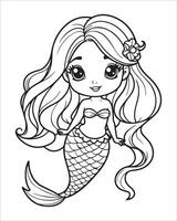 Cute mermaid Coloring pages for kids, ocean animals coloring pages, mermaid illustration vector