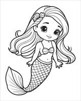 Cute mermaid Coloring pages for kids, ocean animals coloring pages, mermaid illustration vector