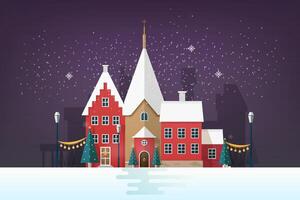 Winter cityscape or urban landscape in snowy evening with antique buildings and holiday street decorations. Old city or town in New Year or Christmas eve. Colorful illustration in flat style. vector