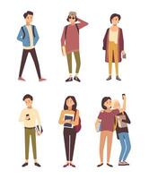 Collection of male and female students dressed in modern clothing isolated on white background. Set of young men and women carrying books. Bundle of flat cartoon characters. illustration. vector