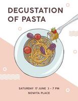 Flyer template with plate of appetizing spaghetti with tomatoes. Degustation of pasta, delicious traditional Italian meal. Colorful illustration for restaurant event promotion, advertisement. vector