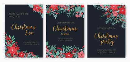 Bundle of Christmas Eve Party invitation, festive event announcement or promotional flyer templates decorated with red and green leaves, berries and flowers on black background. illustration. vector