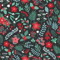 Beautiful Christmas floral seamless pattern with holly leaves, berries and other green and red holiday plants and flowers on dark background. Festive illustration for wrapping paper, backdrop. vector