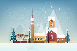 Snowy landscape with small mountain town. City street with beautiful antique towers and houses decorated for New Year or Christmas celebration. Colorful festive illustration in flat style. vector