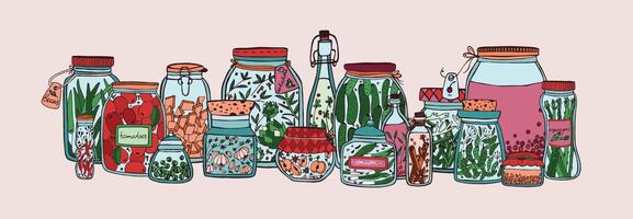 Horizontal banner with fruits, pickled vegetables and spices in jars and bottles hand drawn on white background. Collection of homemade preserves in glass containers. Colorful illustration. vector