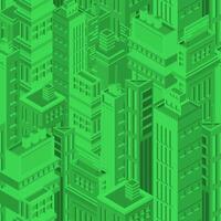 Green futuristic seamless pattern with isometric urban buildings and skyscrapers of modern megalopolis. Background with metropolitan city houses. Matrix backdrop. illustration for wallpaper. vector