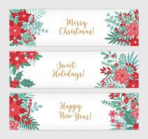 Merry Christmas, Sweet Holidays and Happy New Year. Collection of festive horizontal banner templates decorated with beautiful green and red leaves on white background. Colorful illustration. vector