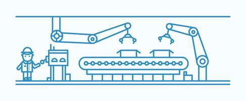 industrial cinturón transportador equipado con robótico brazos transporte cajas y fabricación fábrica trabajador en difícil sombrero en pie y controlador proceso. monocromo ilustración en línea Arte estilo. vector