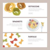 Bundle of horizontal web banner templates with different types of raw and prepared pasta hand drawn on white background - fettuccine, spaghetti, farfalle. illustration for Italian restaurant. vector